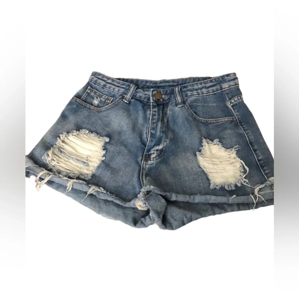 Distressed Denim Shorts Ripped Raw Hem Cuffed Blue Jean Shorts